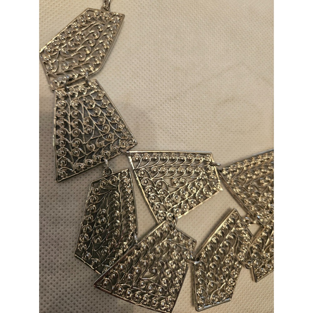 Statement Necklace Silver Geometric Filigree Part… - image 6
